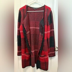 Adrienne Vittadini Plaid Red and Black Women's open front Sweater. Size XL.